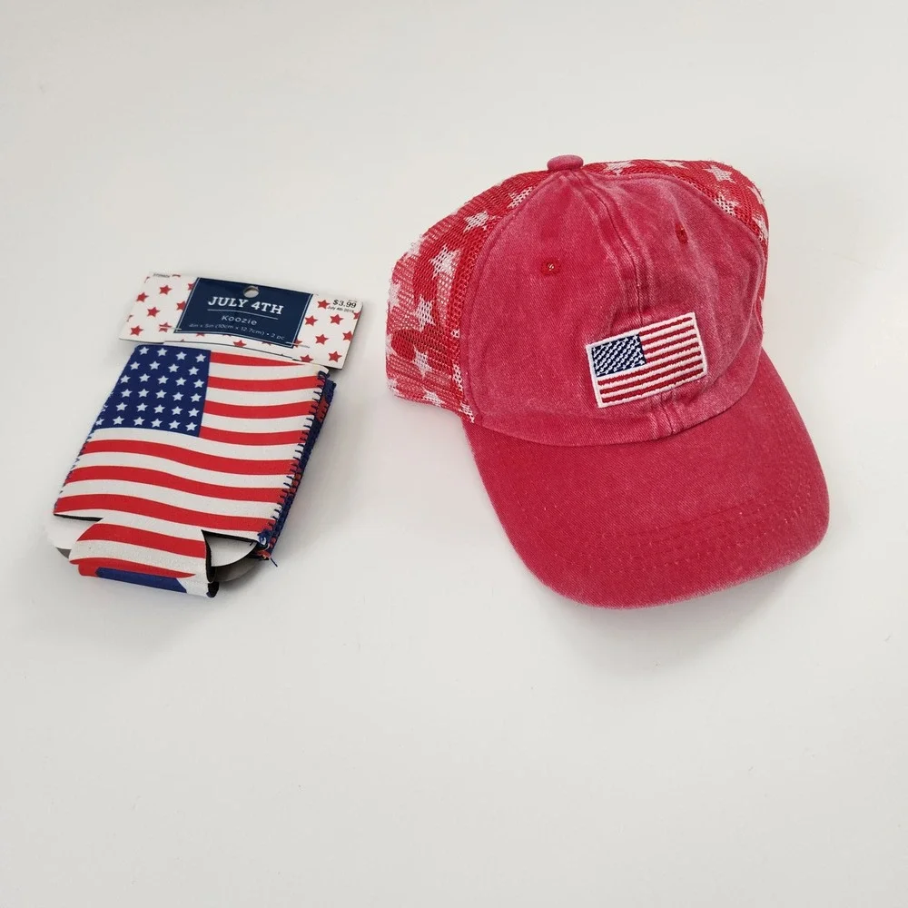 July 4th American Flag Koozie Can Cooler & Red Star Mesh Trucker Hat Set NEW